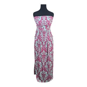 LOLIA Strapless Boho Maxi Sundress Mint Pink Print Pockets Stretch S/M
